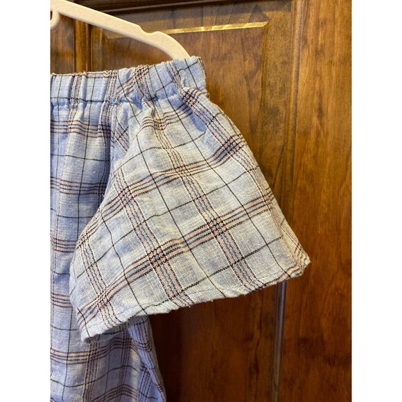 Verte Blouse Size Large Top Off Shoulder (or on) Baby Blue Plaid w Pink Cropped - Picture 3 of 9